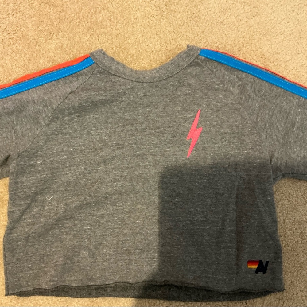 Aviator Nation Gray Women’s Cropped Sweatshirt with Pink Lightning Bolt + Stripe